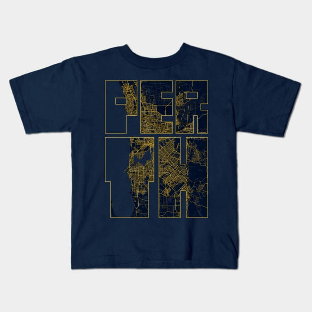 Perth, Australia City Map Typography - Gold Art Deco Kids T-Shirt by deMAP Studio